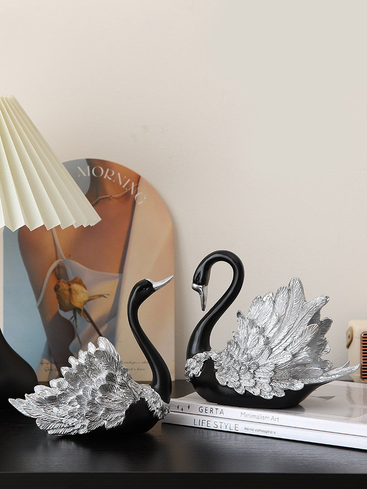 Couple Black Swan Figurines - Statues with Detailed Silver Feathers for Home & Wedding Decor Gift