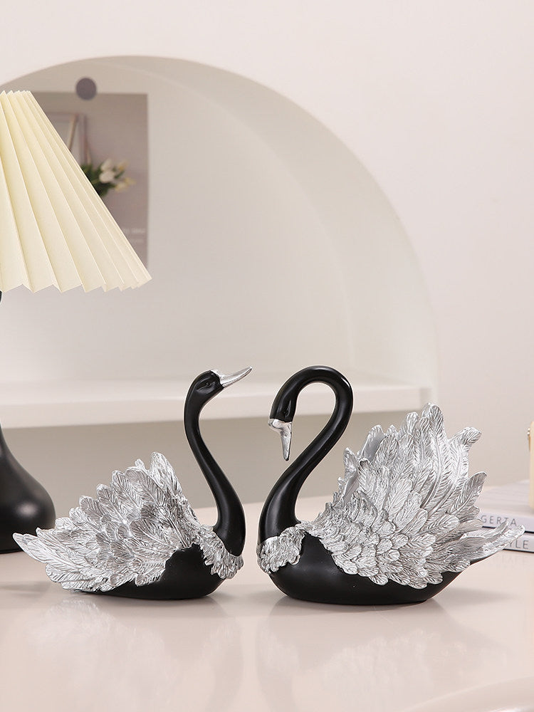 Couple Black Swan Figurines - Statues with Detailed Silver Feathers for Home & Wedding Decor Gift
