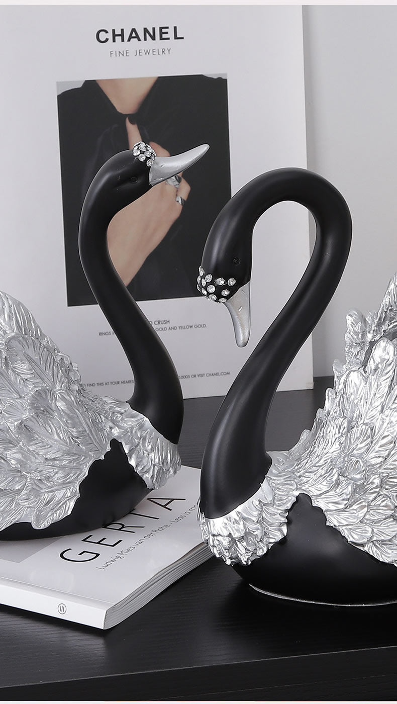 Couple Black Swan Figurines - Statues with Detailed Silver Feathers for Home & Wedding Decor Gift