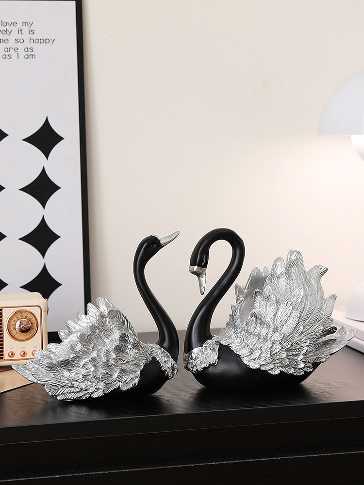 Couple Black Swan Figurines - Statues with Detailed Silver Feathers for Home & Wedding Decor Gift