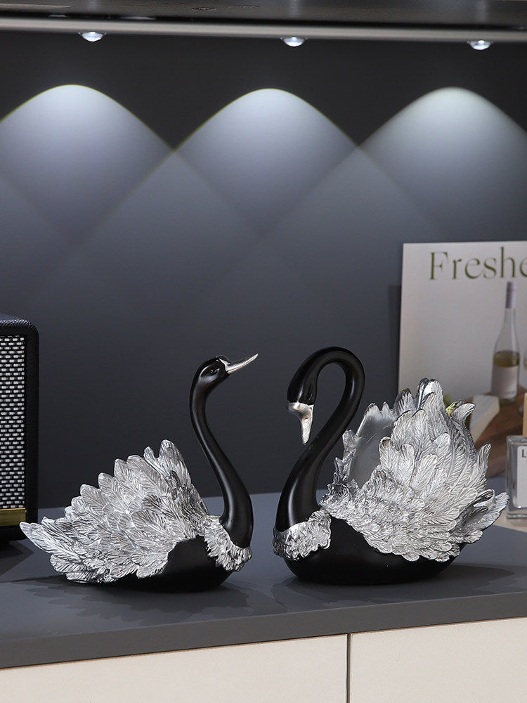 Couple Black Swan Figurines - Statues with Detailed Silver Feathers for Home & Wedding Decor Gift