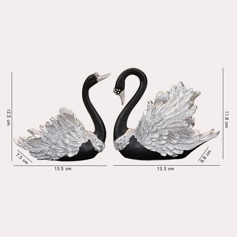 Couple Black Swan Figurines - Statues with Detailed Silver Feathers for Home & Wedding Decor Gift
