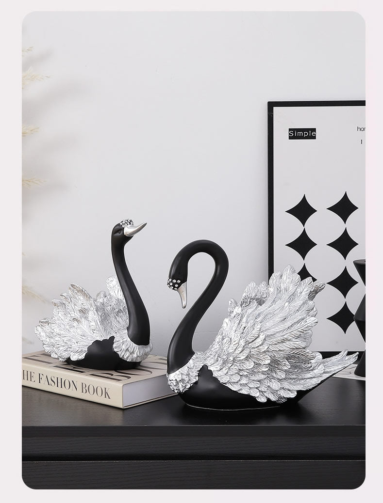 Couple Black Swan Figurines - Statues with Detailed Silver Feathers for Home & Wedding Decor Gift