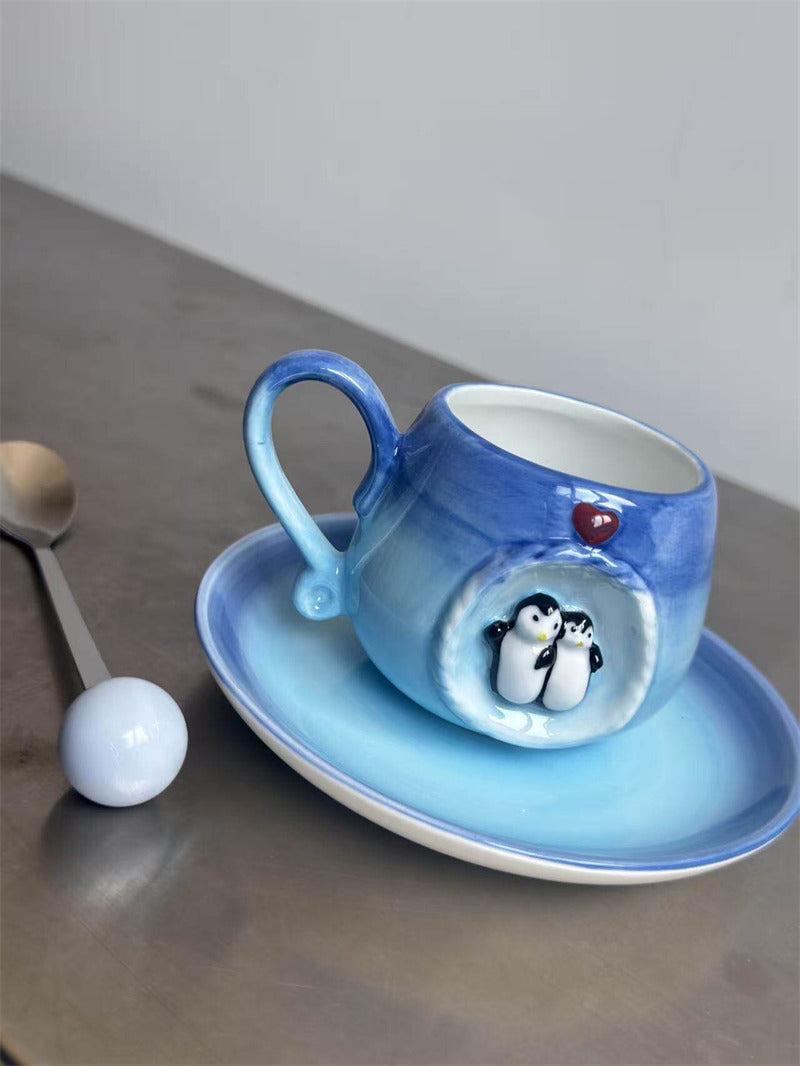 Couple Penguin Ceramic Coffee Cup, Gradient Blue Arctic Ice Cave Coffee Tea Cup, Cute Valentine Heart Design Drinking Cup