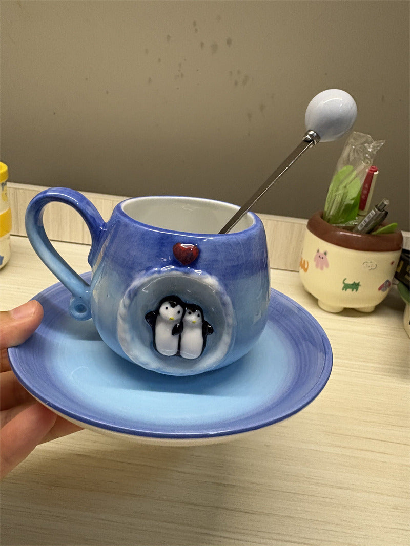 Couple Penguin Ceramic Coffee Cup, Gradient Blue Arctic Ice Cave Coffee Tea Cup, Cute Valentine Heart Design Drinking Cup