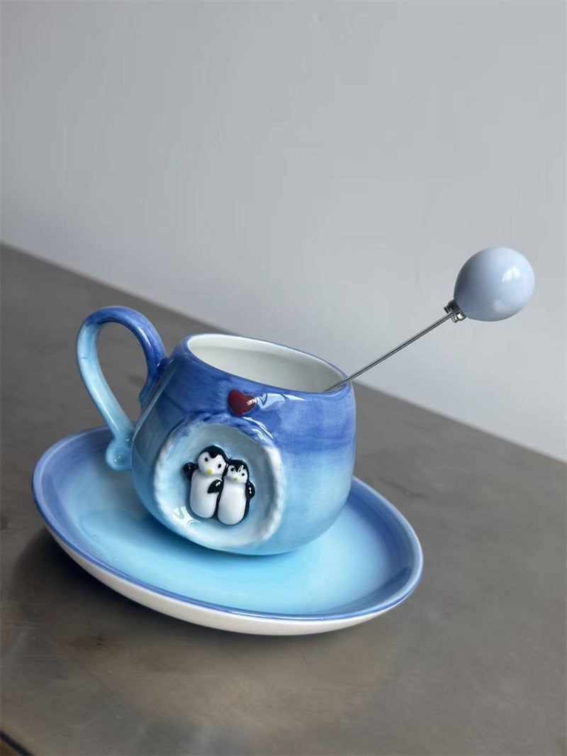 Couple Penguin Ceramic Coffee Cup, Gradient Blue Arctic Ice Cave Coffee Tea Cup, Cute Valentine Heart Design Drinking Cup