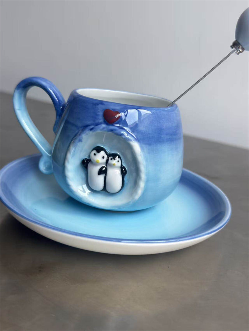 Couple Penguin Ceramic Coffee Cup, Gradient Blue Arctic Ice Cave Coffee Tea Cup, Cute Valentine Heart Design Drinking Cup