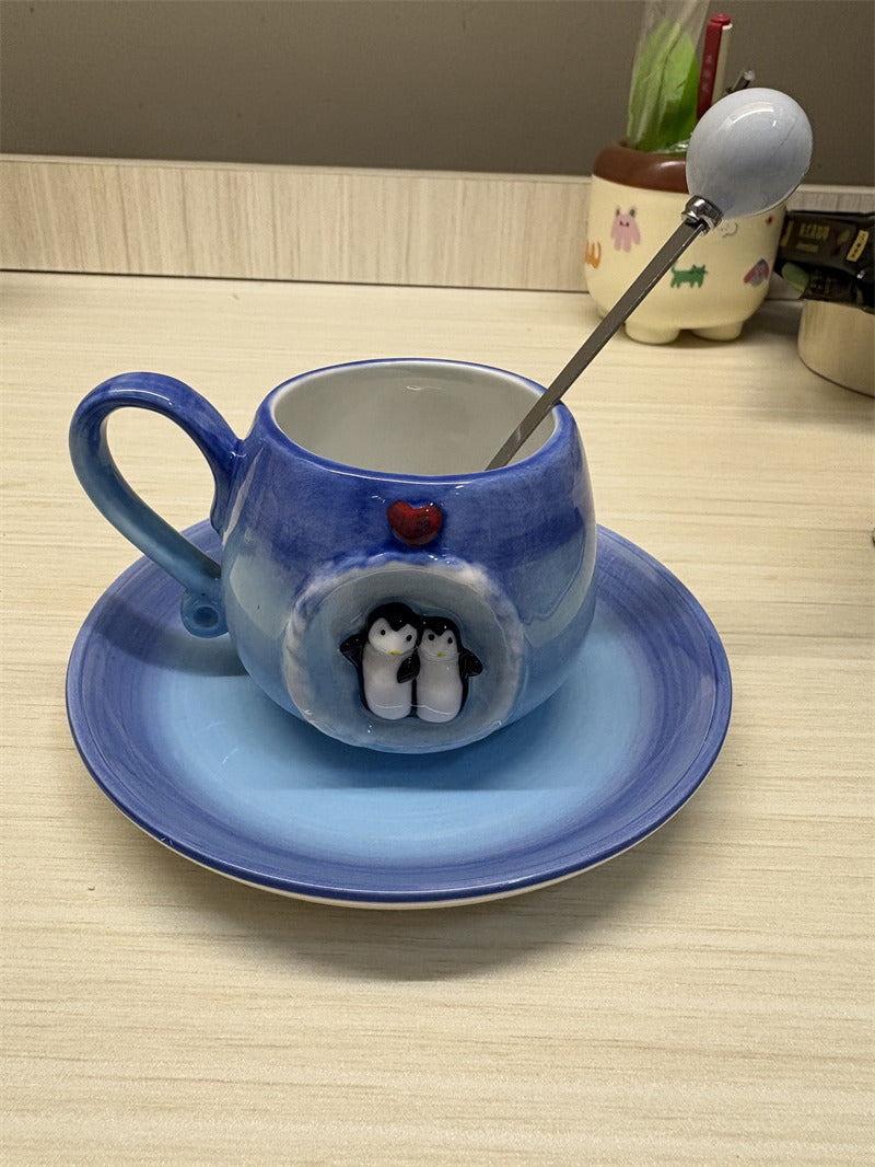 Couple Penguin Ceramic Coffee Cup, Gradient Blue Arctic Ice Cave Coffee Tea Cup, Cute Valentine Heart Design Drinking Cup