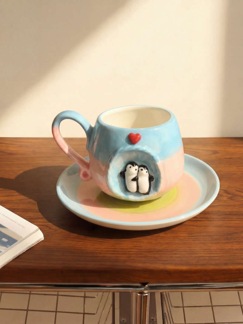 Couple Penguin Ceramic Coffee Cup, Gradient Blue Arctic Ice Cave Coffee Tea Cup, Cute Valentine Heart Design Drinking Cup