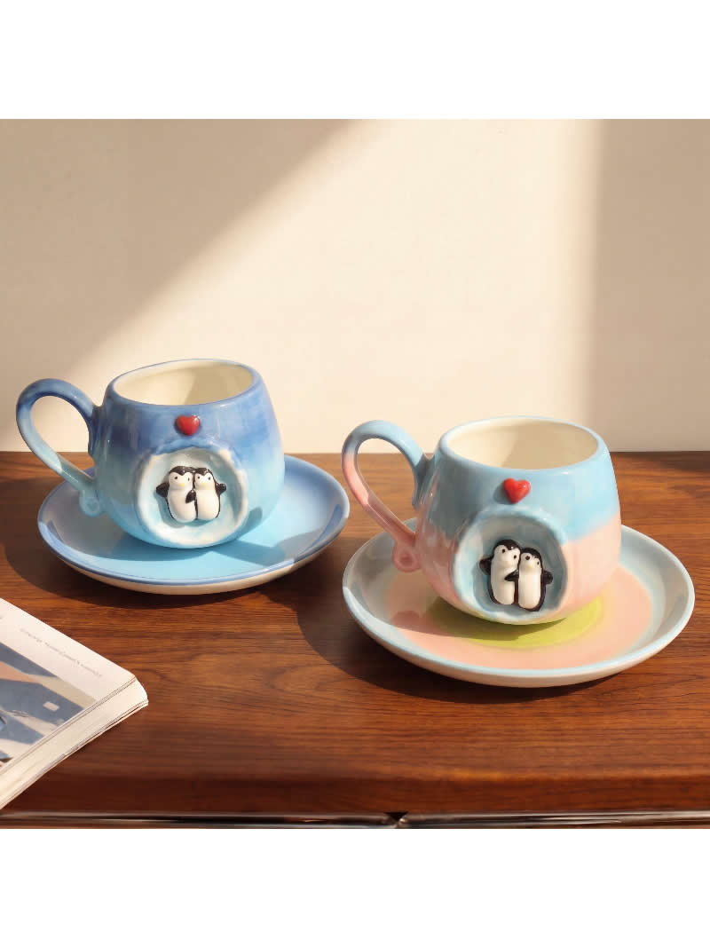 Couple Penguin Ceramic Coffee Cup, Gradient Blue Arctic Ice Cave Coffee Tea Cup, Cute Valentine Heart Design Drinking Cup
