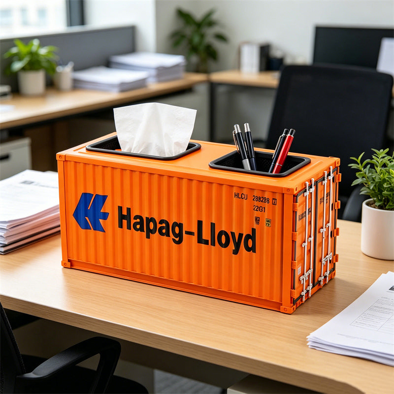 Creative Shipping Container Tissue Box with Built-In Pen Holder, Industrial Cargo Container Model Napkin Dispenser, Dual-Use Desk & Nightstand Storage Organizer