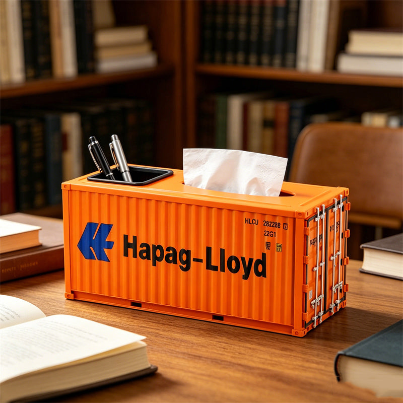 Creative Shipping Container Tissue Box with Built-In Pen Holder, Industrial Cargo Container Model Napkin Dispenser, Dual-Use Desk & Nightstand Storage Organizer