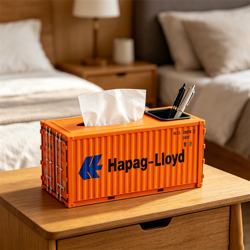 Creative Shipping Container Tissue Box with Built-In Pen Holder, Industrial Cargo Container Model Napkin Dispenser, Dual-Use Desk & Nightstand Storage Organizer