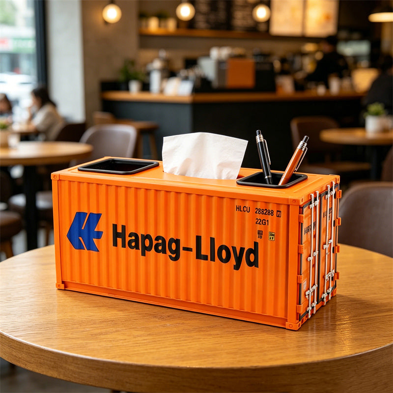 Creative Shipping Container Tissue Box with Built-In Pen Holder, Industrial Cargo Container Model Napkin Dispenser, Dual-Use Desk & Nightstand Storage Organizer