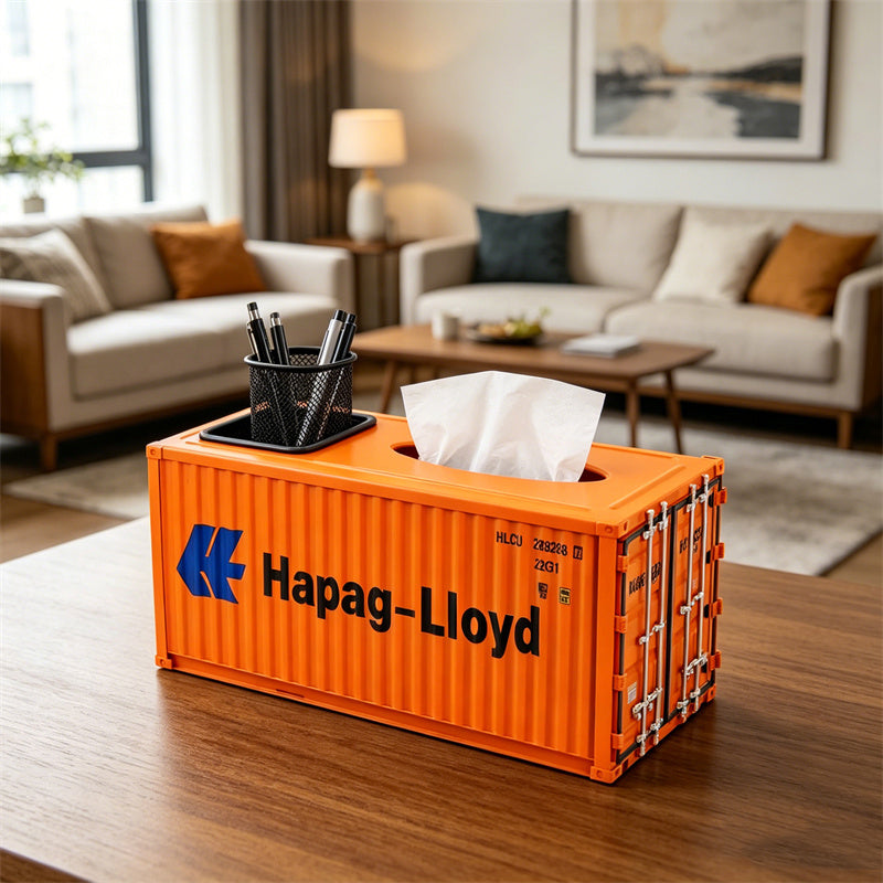 Creative Shipping Container Tissue Box with Built-In Pen Holder, Industrial Cargo Container Model Napkin Dispenser, Dual-Use Desk & Nightstand Storage Organizer