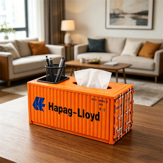 Creative Shipping Container Tissue Box with Built-In Pen Holder, Industrial Cargo Container Model Napkin Dispenser, Dual-Use Desk & Nightstand Storage Organizer