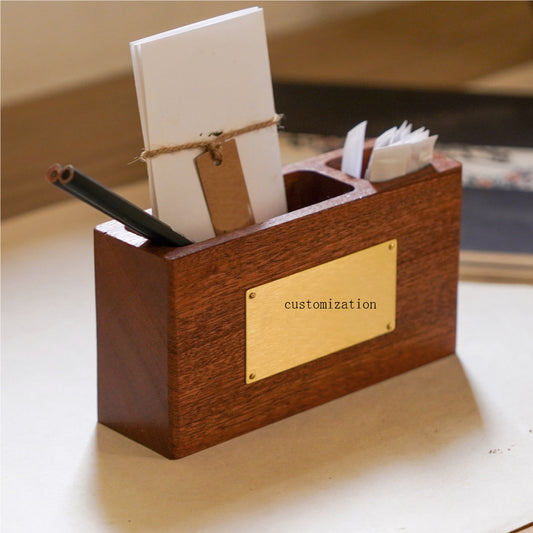 Custom Engraved Wood Desktop Organizer, Multi‑Compartment Wooden Business Card Pen Holder with Brass Plate