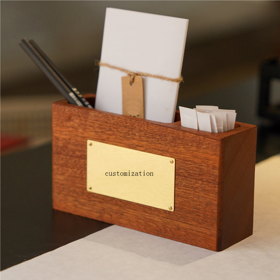 Custom Engraved Wood Desktop Organizer, Multi‑Compartment Wooden Business Card Pen Holder with Brass Plate
