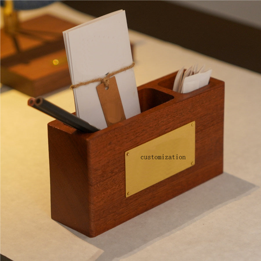 Custom Engraved Wood Desktop Organizer, Multi‑Compartment Wooden Business Card Pen Holder with Brass Plate