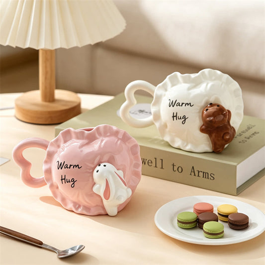 Cute 3D Animal Ceramic Mug, Warm Hug Heart Pillow Shaped Coffee Cup, Bunny & Bear Novelty Mug with Heart Handle