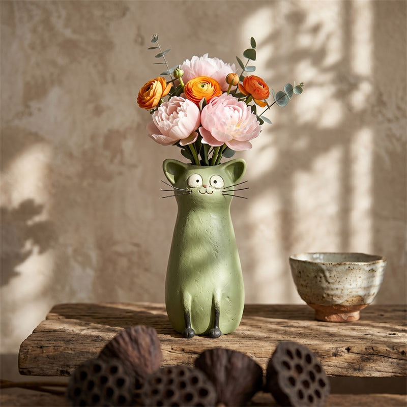 Cute 3D Cartoon Big‑Eyed Cat Ceramic Flower Vase, Whimsical Tabletop Shelf Home Decor Ornament