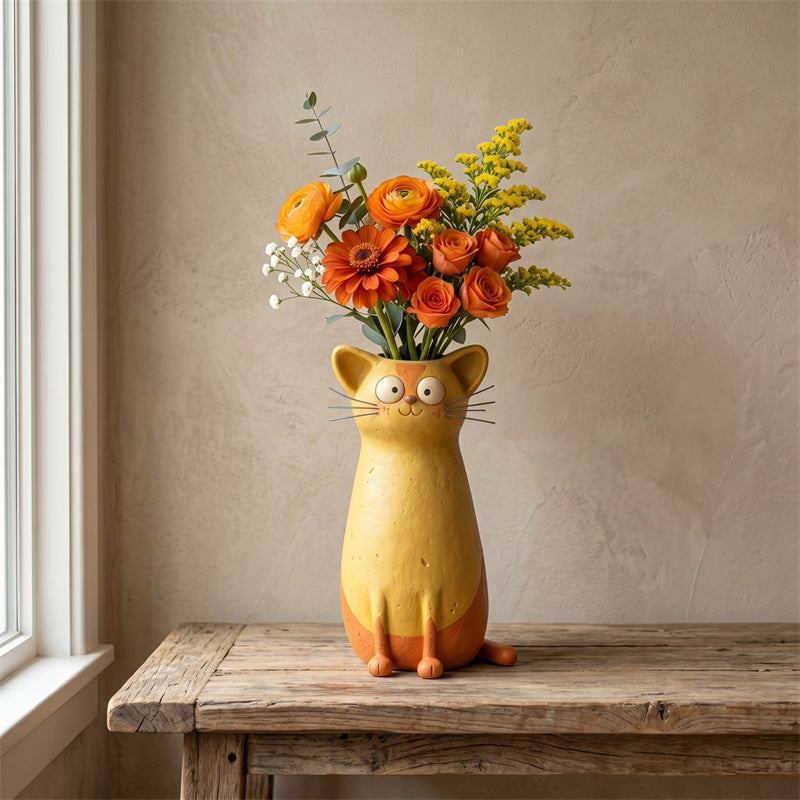 Cute 3D Cartoon Big‑Eyed Cat Ceramic Flower Vase, Whimsical Tabletop Shelf Home Decor Ornament
