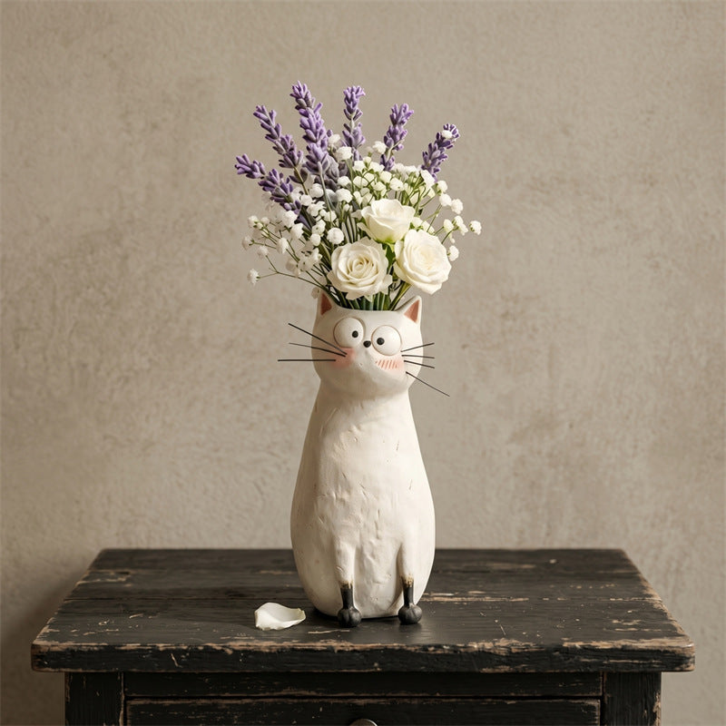 Cute 3D Cartoon Big‑Eyed Cat Ceramic Flower Vase, Whimsical Tabletop Shelf Home Decor Ornament