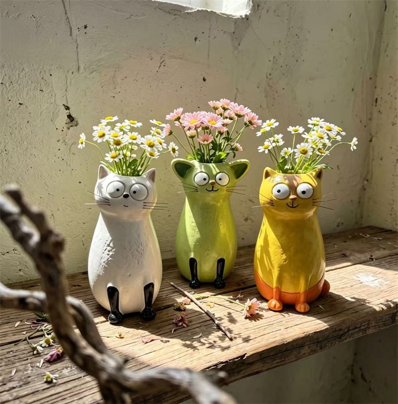 Cute 3D Cartoon Big‑Eyed Cat Ceramic Flower Vase, Whimsical Tabletop Shelf Home Decor Ornament