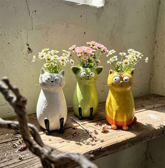 Cute 3D Cartoon Big‑Eyed Cat Ceramic Flower Vase, Whimsical Tabletop Shelf Home Decor Ornament