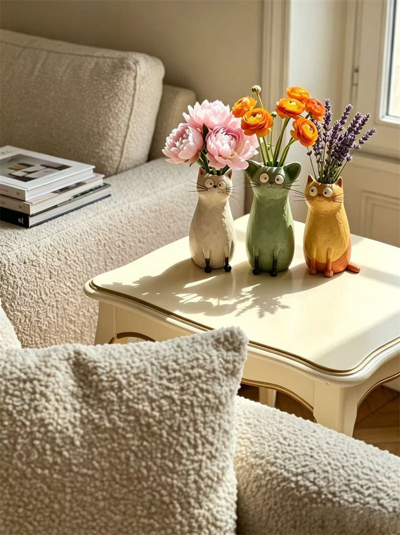 Cute 3D Cartoon Big‑Eyed Cat Ceramic Flower Vase, Whimsical Tabletop Shelf Home Decor Ornament