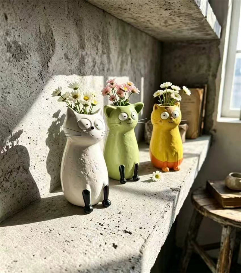 Cute 3D Cartoon Big‑Eyed Cat Ceramic Flower Vase, Whimsical Tabletop Shelf Home Decor Ornament
