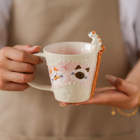 Cute 3D Cat Ladder Ceramic Mug, Hand Painted Kawaii Kitty Coffee Cup, Gift for Her