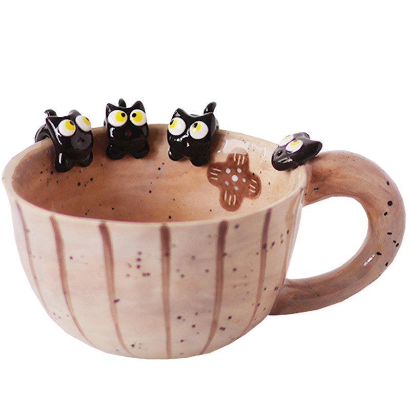 Cute 3D Little Black Cat Ceramic Coffee Mug, Hand‑Painted Speckled Pottery Tea Cup with Adorable Kitten Figurines on Rim