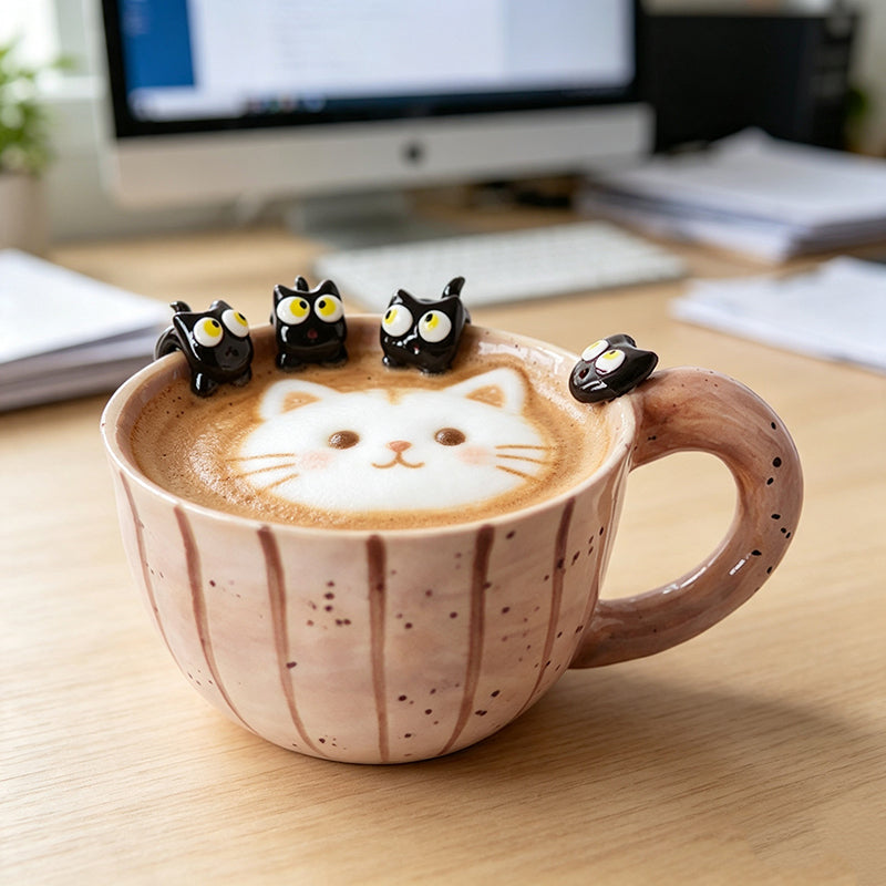 Cute 3D Little Black Cat Ceramic Coffee Mug, Hand‑Painted Speckled Pottery Tea Cup with Adorable Kitten Figurines on Rim