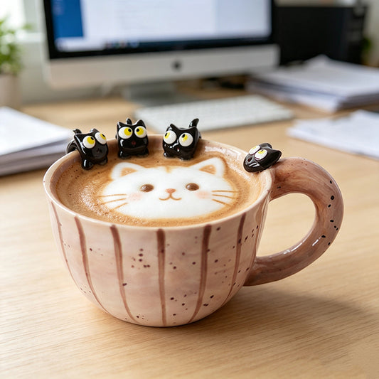 Cute 3D Little Black Cat Ceramic Coffee Mug, Hand‑Painted Speckled Pottery Tea Cup with Adorable Kitten Figurines on Rim