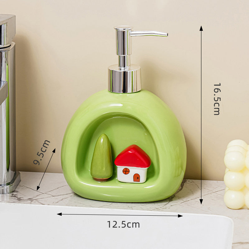 Cute 3D Mini House Tree Ceramic Soap Dispenser, Whimsical Cottage‑Style Decorative Hand Soap Container for Bathroom Kitchen Countertop