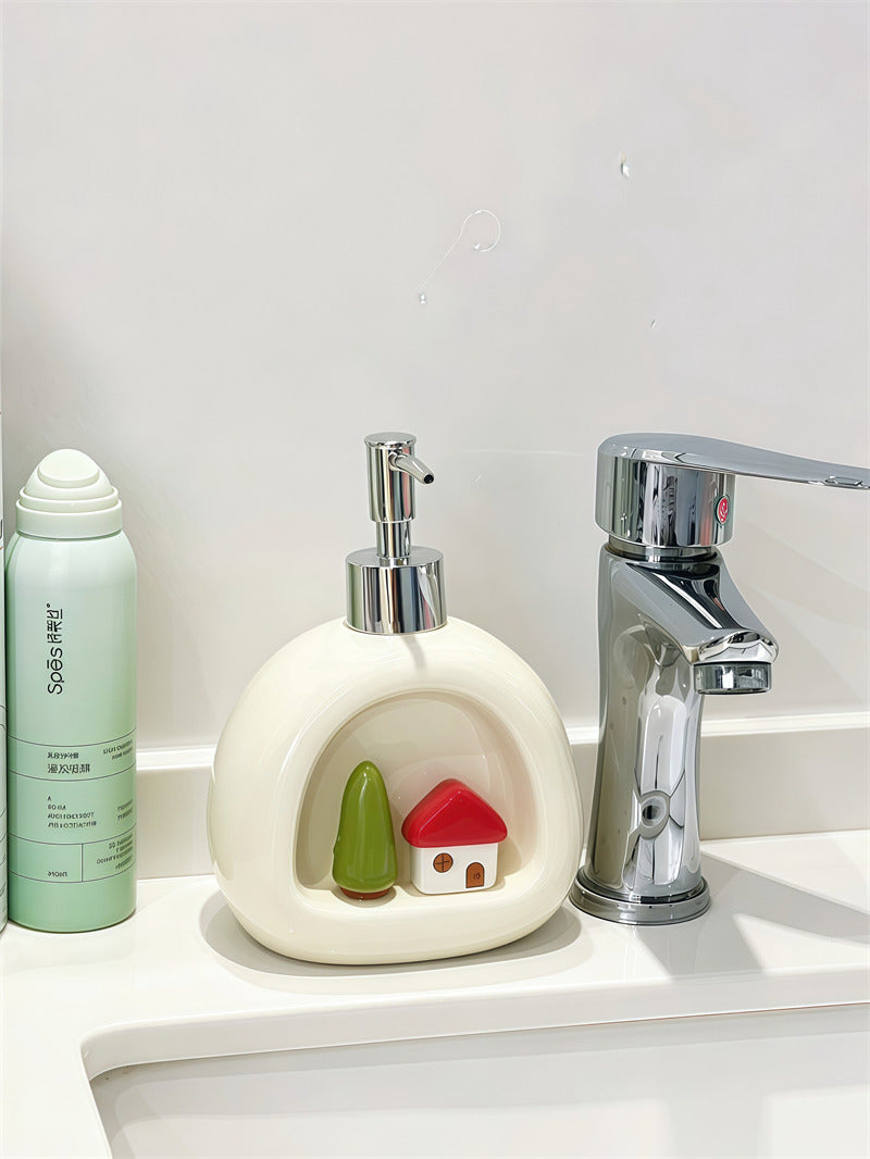 Cute 3D Mini House Tree Ceramic Soap Dispenser, Whimsical Cottage‑Style Decorative Hand Soap Container for Bathroom Kitchen Countertop