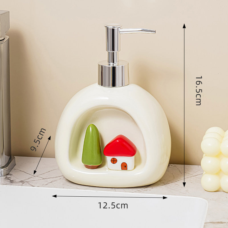 Cute 3D Mini House Tree Ceramic Soap Dispenser, Whimsical Cottage‑Style Decorative Hand Soap Container for Bathroom Kitchen Countertop