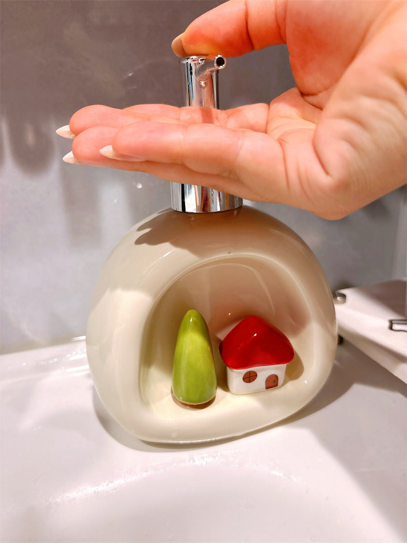 Cute 3D Mini House Tree Ceramic Soap Dispenser, Whimsical Cottage‑Style Decorative Hand Soap Container for Bathroom Kitchen Countertop