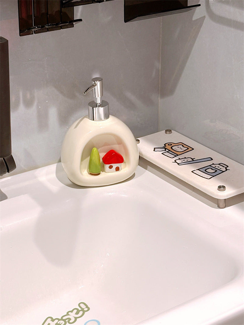 Cute 3D Mini House Tree Ceramic Soap Dispenser, Whimsical Cottage‑Style Decorative Hand Soap Container for Bathroom Kitchen Countertop