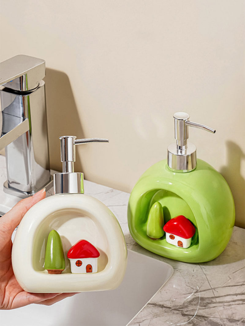 Cute 3D Mini House Tree Ceramic Soap Dispenser, Whimsical Cottage‑Style Decorative Hand Soap Container for Bathroom Kitchen Countertop