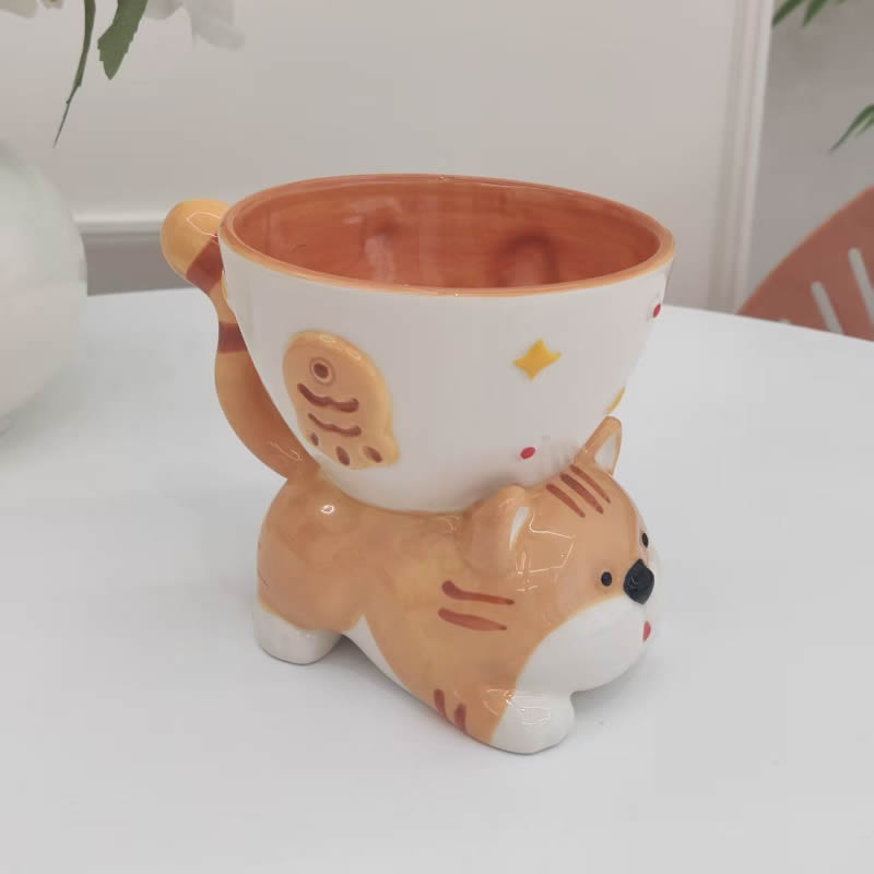 Cute 3D Orange Tabby Cat Ceramic Coffee Cup, Whimsical Cat‑Shaped Tea Milk Mug, Fun Kitchen Decor & Unique Gift