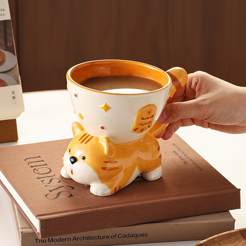 Cute 3D Orange Tabby Cat Ceramic Coffee Cup, Whimsical Cat‑Shaped Tea Milk Mug, Fun Kitchen Decor & Unique Gift