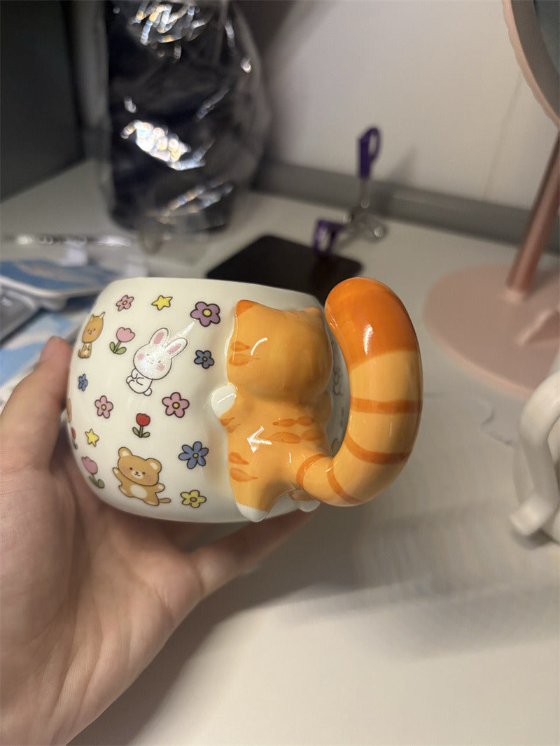 Cute 3D Orange Tabby Cat Tail Handle Ceramic Mug, Cartoon Animal Print Coffee Cup with Bunny Bear Floral Pattern
