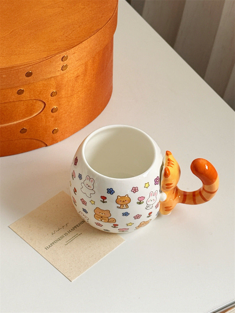Cute 3D Orange Tabby Cat Tail Handle Ceramic Mug, Cartoon Animal Print Coffee Cup with Bunny Bear Floral Pattern