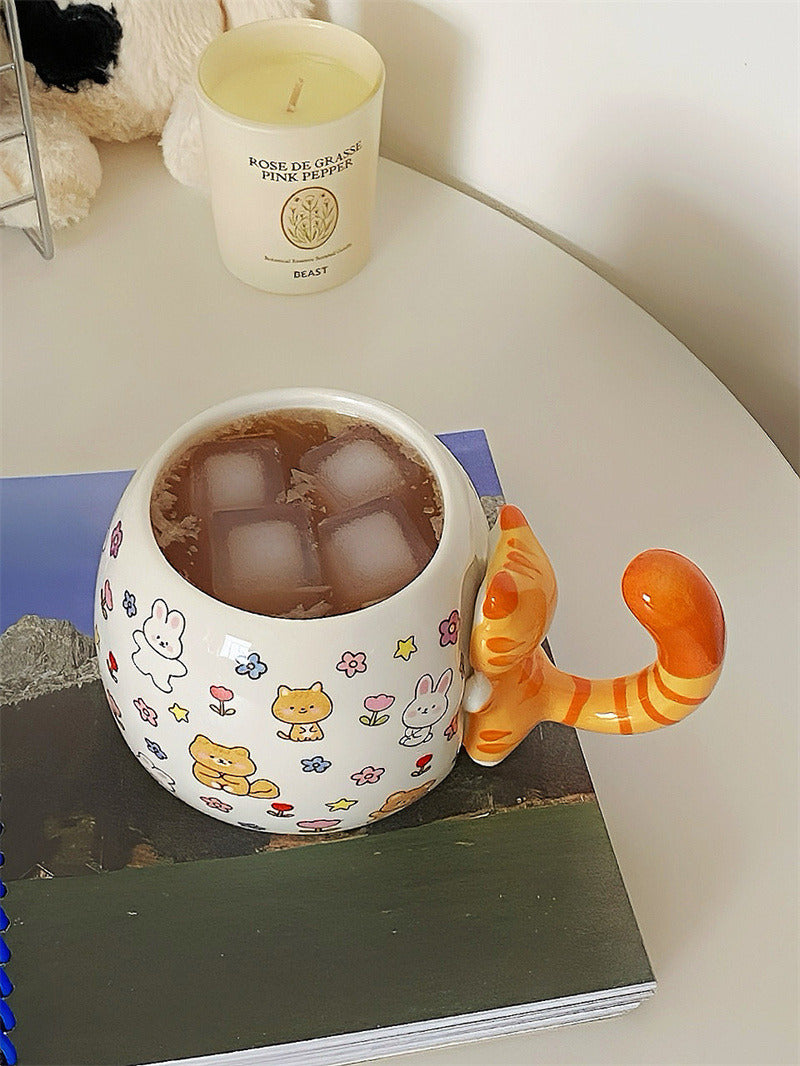 Cute 3D Orange Tabby Cat Tail Handle Ceramic Mug, Cartoon Animal Print Coffee Cup with Bunny Bear Floral Pattern
