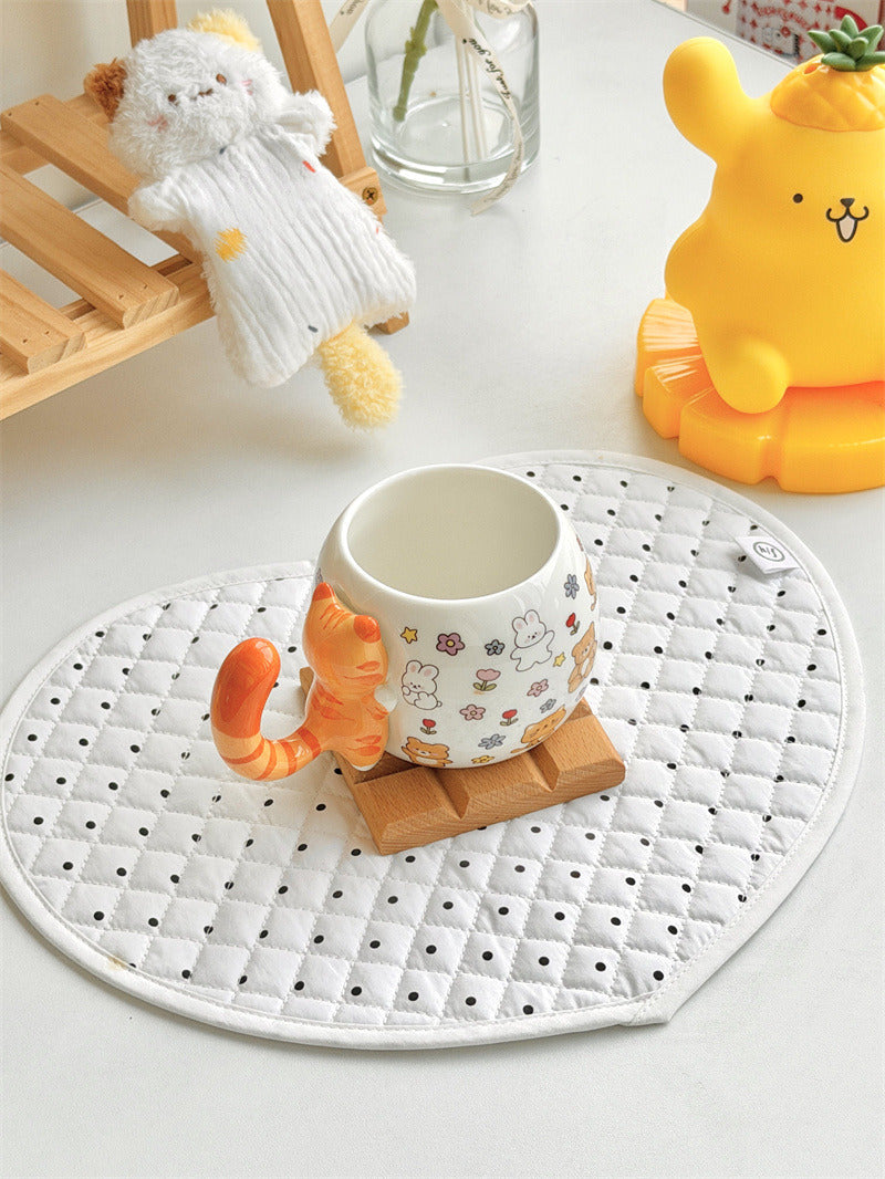 Cute 3D Orange Tabby Cat Tail Handle Ceramic Mug, Cartoon Animal Print Coffee Cup with Bunny Bear Floral Pattern