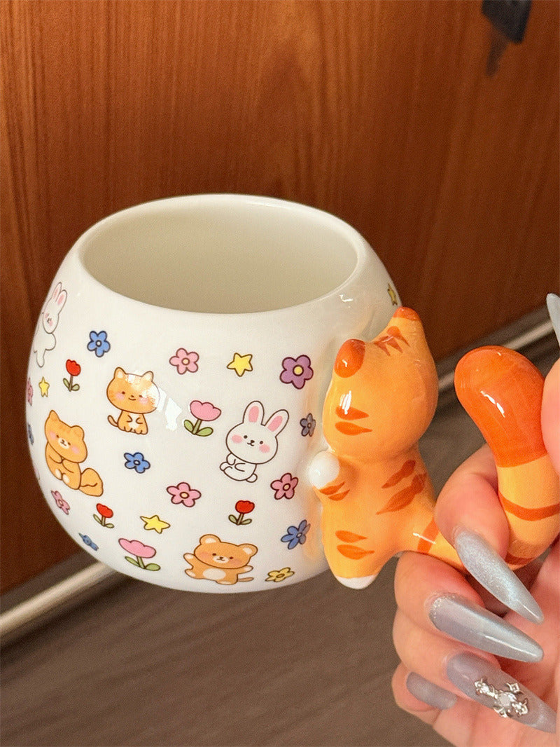 Cute 3D Orange Tabby Cat Tail Handle Ceramic Mug, Cartoon Animal Print Coffee Cup with Bunny Bear Floral Pattern