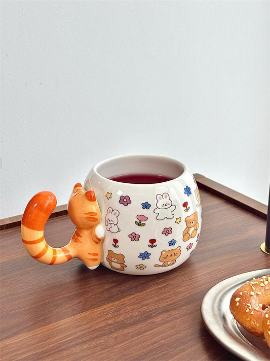 Cute 3D Orange Tabby Cat Tail Handle Ceramic Mug, Cartoon Animal Print Coffee Cup with Bunny Bear Floral Pattern