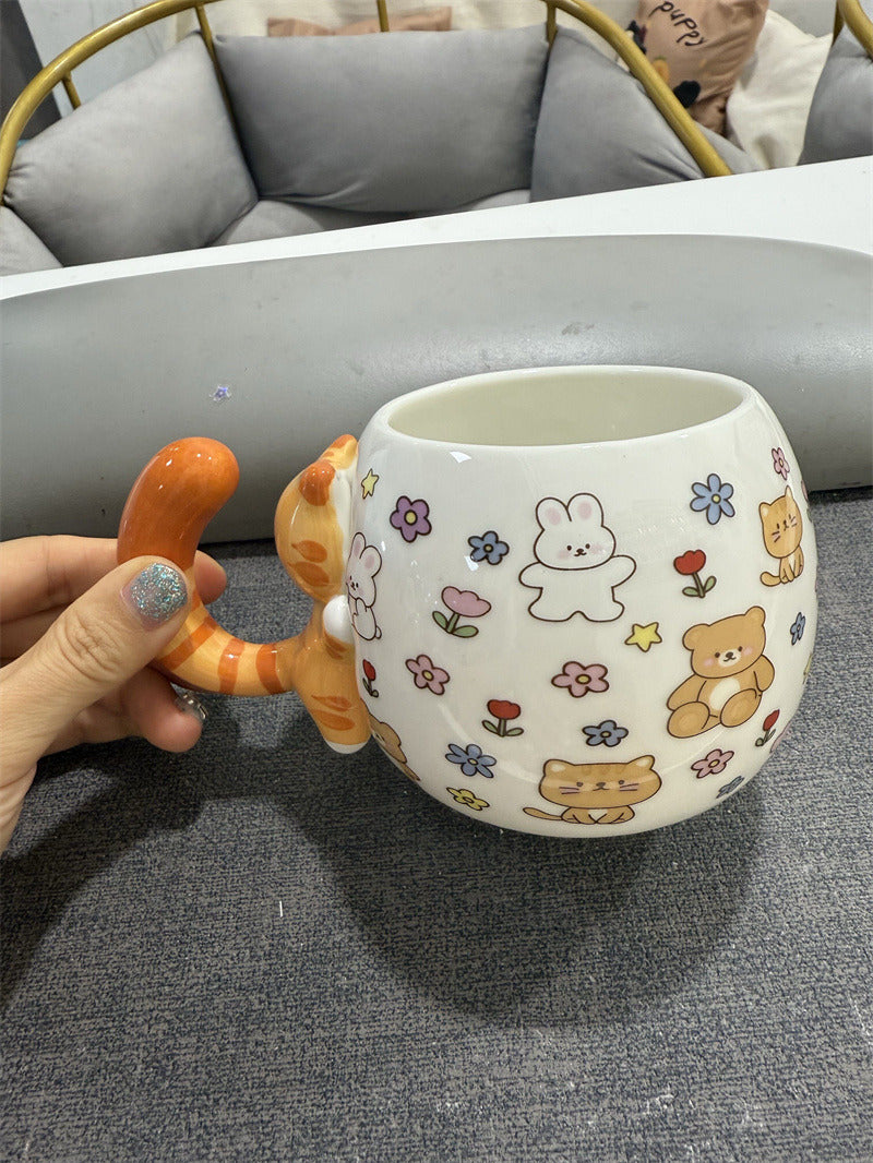 Cute 3D Orange Tabby Cat Tail Handle Ceramic Mug, Cartoon Animal Print Coffee Cup with Bunny Bear Floral Pattern